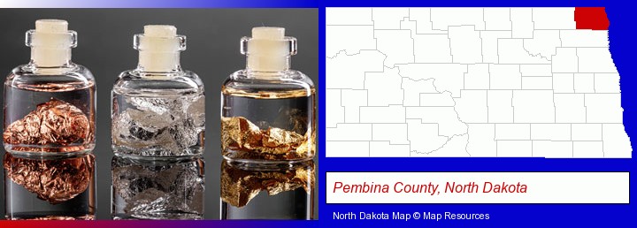 gold, silver, and copper nuggets; Pembina County, North Dakota highlighted in red on a map