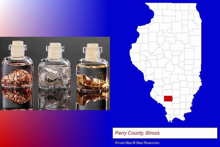 gold, silver, and copper nuggets; Perry County, Illinois highlighted in red on a map