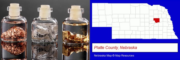 gold, silver, and copper nuggets; Platte County, Nebraska highlighted in red on a map