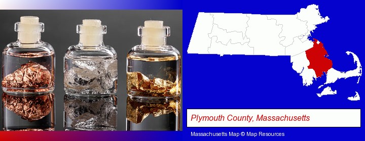 gold, silver, and copper nuggets; Plymouth County, Massachusetts highlighted in red on a map