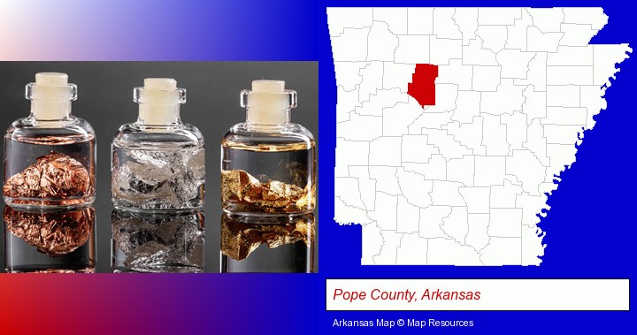 gold, silver, and copper nuggets; Pope County, Arkansas highlighted in red on a map