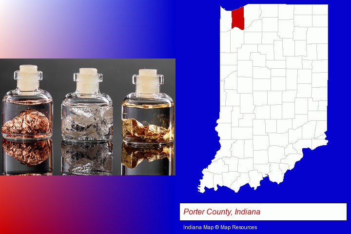 gold, silver, and copper nuggets; Porter County, Indiana highlighted in red on a map