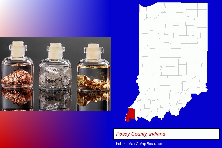 gold, silver, and copper nuggets; Posey County, Indiana highlighted in red on a map