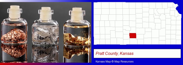 gold, silver, and copper nuggets; Pratt County, Kansas highlighted in red on a map