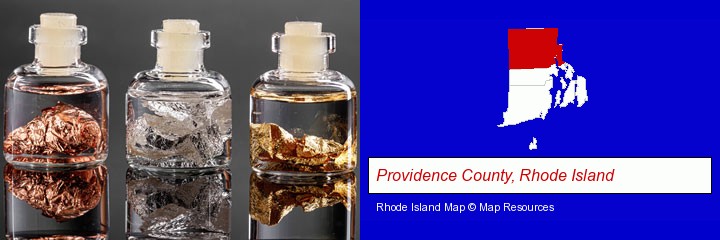 gold, silver, and copper nuggets; Providence County, Rhode Island highlighted in red on a map