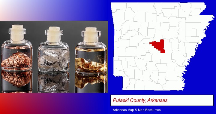 gold, silver, and copper nuggets; Pulaski County, Arkansas highlighted in red on a map