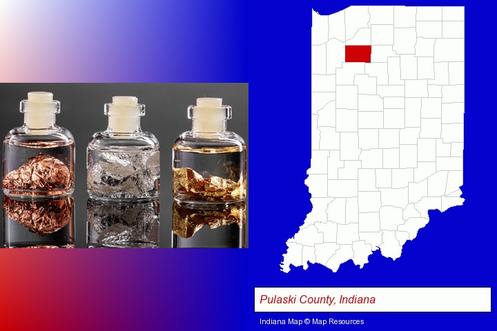 gold, silver, and copper nuggets; Pulaski County, Indiana highlighted in red on a map