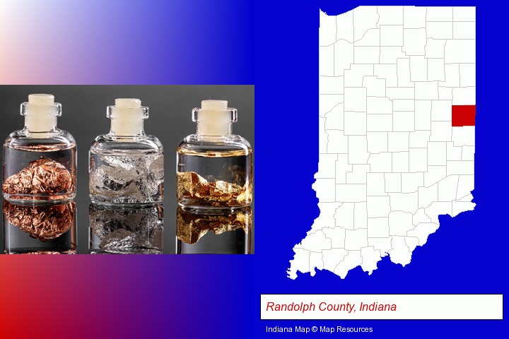 gold, silver, and copper nuggets; Randolph County, Indiana highlighted in red on a map