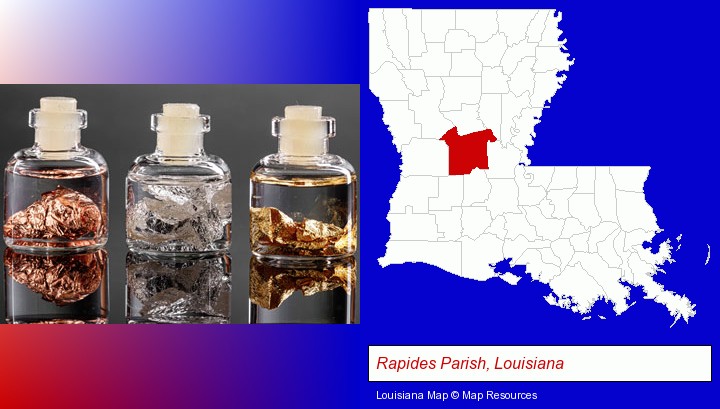 gold, silver, and copper nuggets; Rapides Parish, Louisiana highlighted in red on a map
