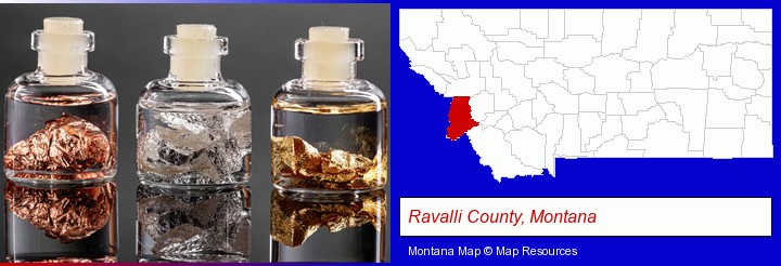 gold, silver, and copper nuggets; Ravalli County, Montana highlighted in red on a map