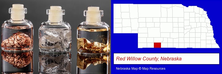 gold, silver, and copper nuggets; Red Willow County, Nebraska highlighted in red on a map