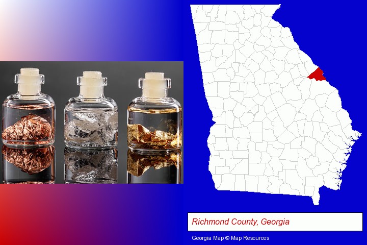 gold, silver, and copper nuggets; Richmond County, Georgia highlighted in red on a map