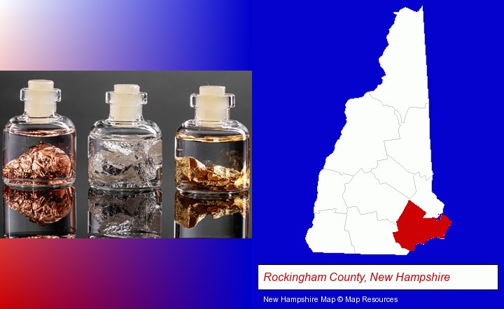 gold, silver, and copper nuggets; Rockingham County, New Hampshire highlighted in red on a map
