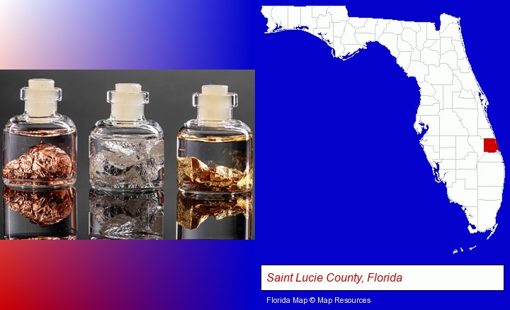 gold, silver, and copper nuggets; Saint Lucie County, Florida highlighted in red on a map