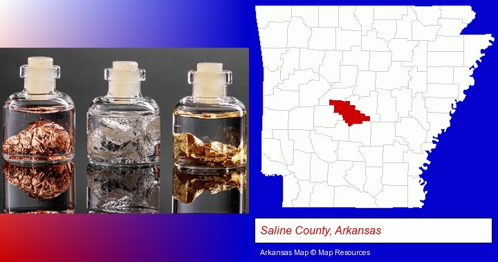 gold, silver, and copper nuggets; Saline County, Arkansas highlighted in red on a map