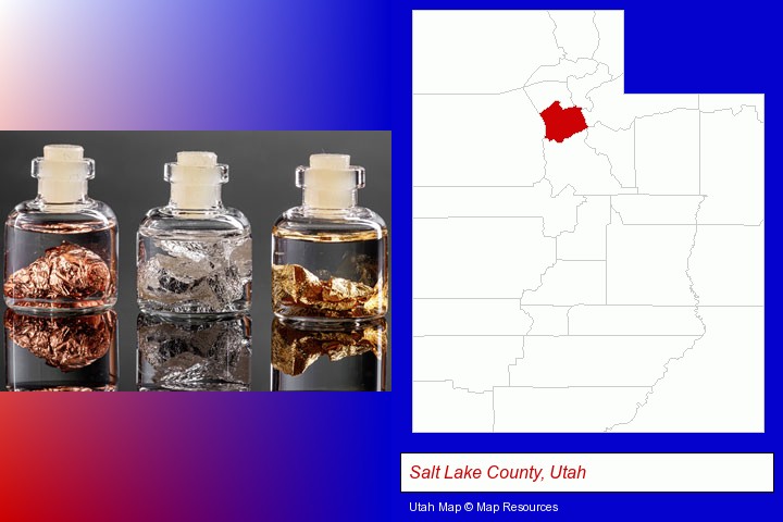 gold, silver, and copper nuggets; Salt Lake County, Utah highlighted in red on a map
