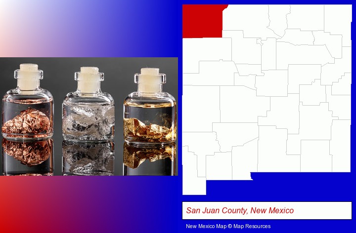 gold, silver, and copper nuggets; San Juan County, New Mexico highlighted in red on a map