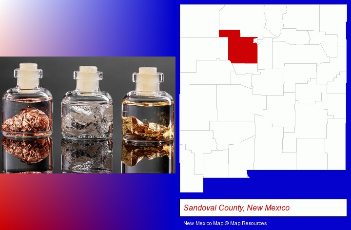 gold, silver, and copper nuggets; Sandoval County, New Mexico highlighted in red on a map