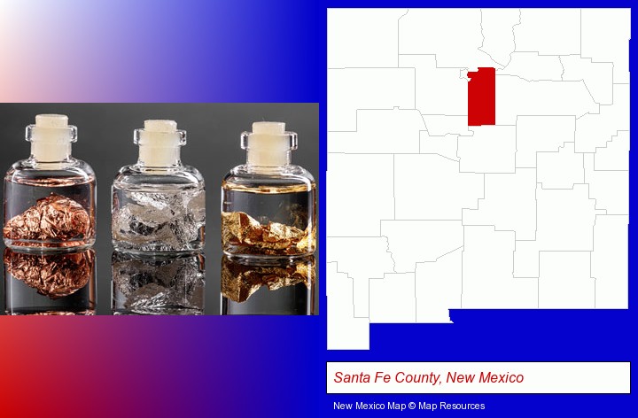 gold, silver, and copper nuggets; Santa Fe County, New Mexico highlighted in red on a map