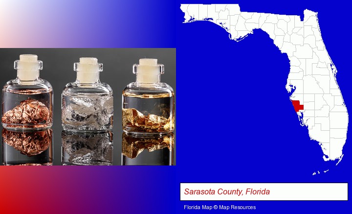 gold, silver, and copper nuggets; Sarasota County, Florida highlighted in red on a map