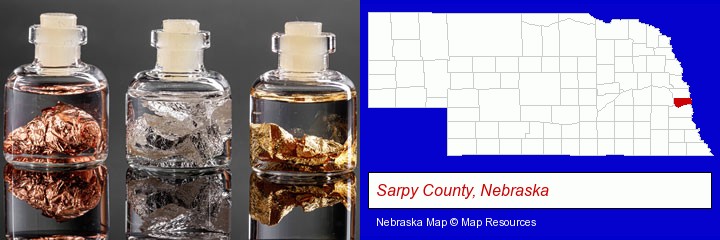gold, silver, and copper nuggets; Sarpy County, Nebraska highlighted in red on a map