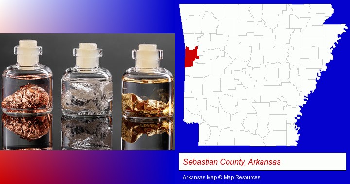 gold, silver, and copper nuggets; Sebastian County, Arkansas highlighted in red on a map