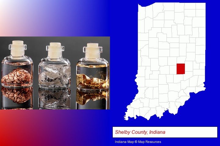 gold, silver, and copper nuggets; Shelby County, Indiana highlighted in red on a map