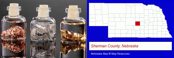 gold, silver, and copper nuggets; Sherman County, Nebraska highlighted in red on a map