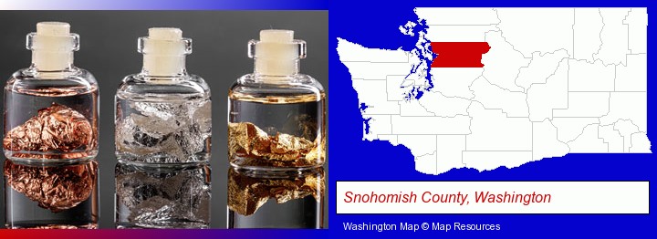 gold, silver, and copper nuggets; Snohomish County, Washington highlighted in red on a map