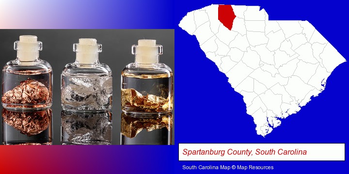 gold, silver, and copper nuggets; Spartanburg County, South Carolina highlighted in red on a map