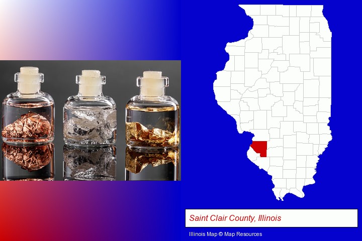 gold, silver, and copper nuggets; Saint Clair County, Illinois highlighted in red on a map