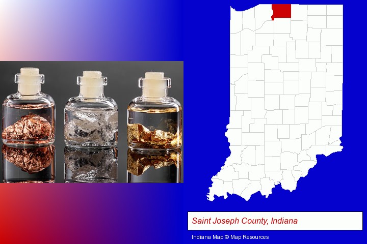 gold, silver, and copper nuggets; Saint Joseph County, Indiana highlighted in red on a map