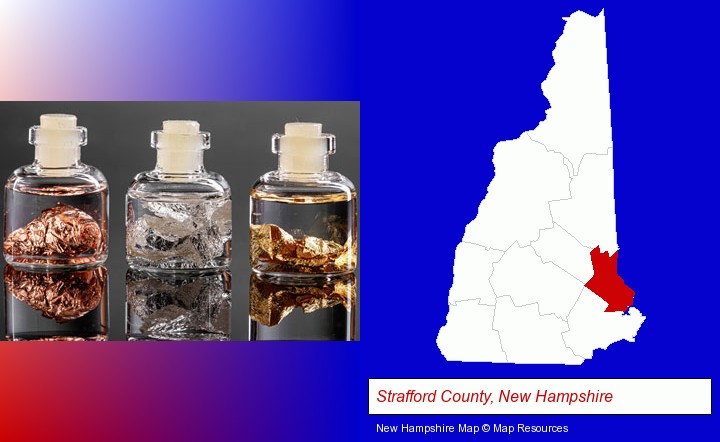 gold, silver, and copper nuggets; Strafford County, New Hampshire highlighted in red on a map