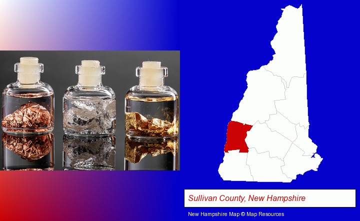 gold, silver, and copper nuggets; Sullivan County, New Hampshire highlighted in red on a map