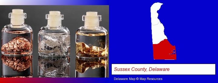 gold, silver, and copper nuggets; Sussex County, Delaware highlighted in red on a map