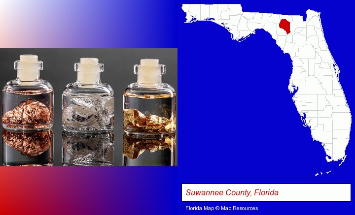 gold, silver, and copper nuggets; Suwannee County, Florida highlighted in red on a map