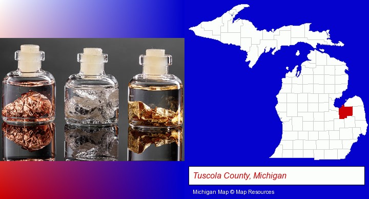 gold, silver, and copper nuggets; Tuscola County, Michigan highlighted in red on a map