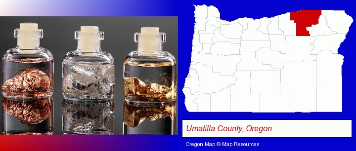 gold, silver, and copper nuggets; Umatilla County, Oregon highlighted in red on a map