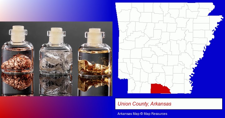gold, silver, and copper nuggets; Union County, Arkansas highlighted in red on a map