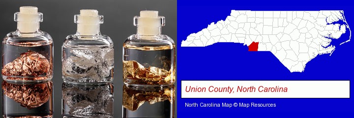 gold, silver, and copper nuggets; Union County, North Carolina highlighted in red on a map