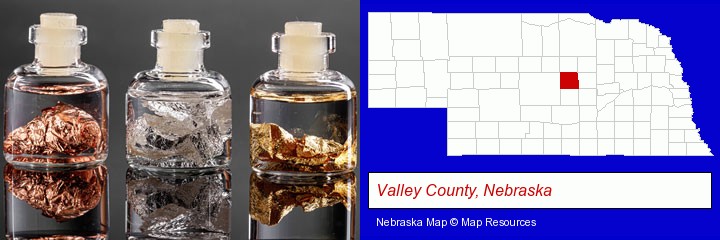 gold, silver, and copper nuggets; Valley County, Nebraska highlighted in red on a map