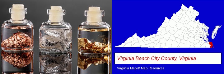 gold, silver, and copper nuggets; Virginia Beach City County, Virginia highlighted in red on a map