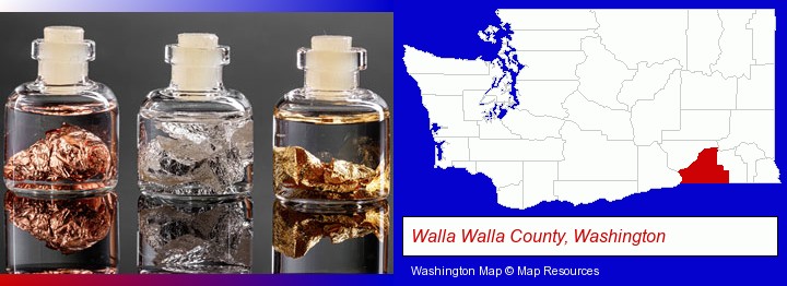 gold, silver, and copper nuggets; Walla Walla County, Washington highlighted in red on a map