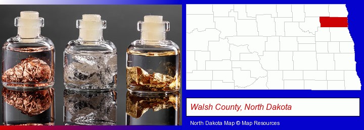 gold, silver, and copper nuggets; Walsh County, North Dakota highlighted in red on a map