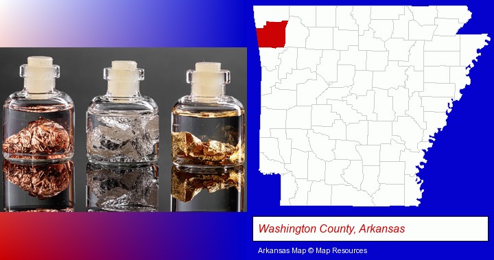 gold, silver, and copper nuggets; Washington County, Arkansas highlighted in red on a map
