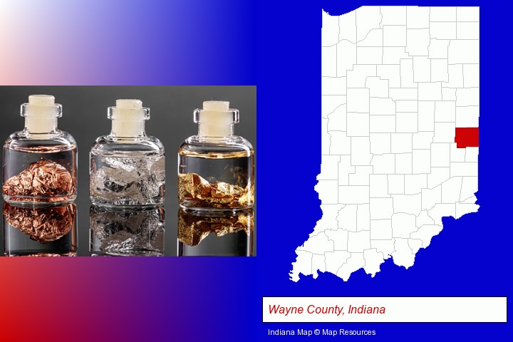 gold, silver, and copper nuggets; Wayne County, Indiana highlighted in red on a map