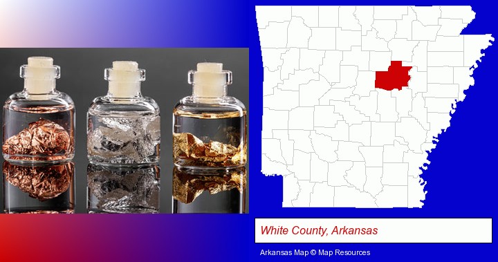 gold, silver, and copper nuggets; White County, Arkansas highlighted in red on a map