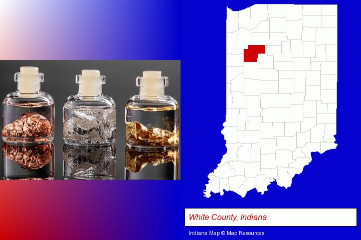 gold, silver, and copper nuggets; White County, Indiana highlighted in red on a map