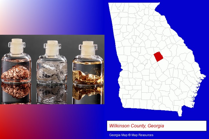 gold, silver, and copper nuggets; Wilkinson County, Georgia highlighted in red on a map