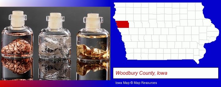 gold, silver, and copper nuggets; Woodbury County, Iowa highlighted in red on a map